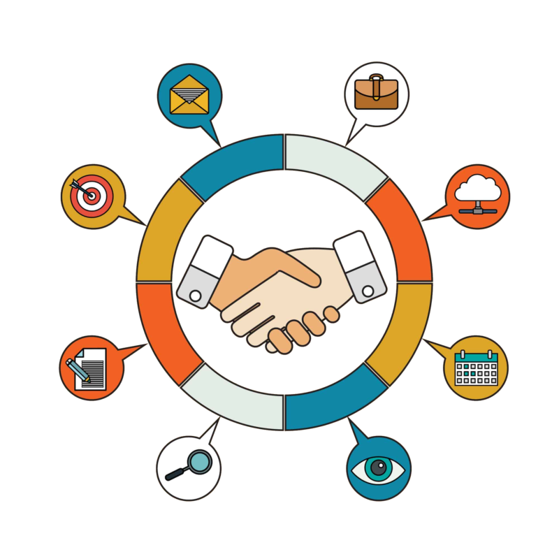 A circle with a handshake and icons around it, highlighting our monthly SEO services.