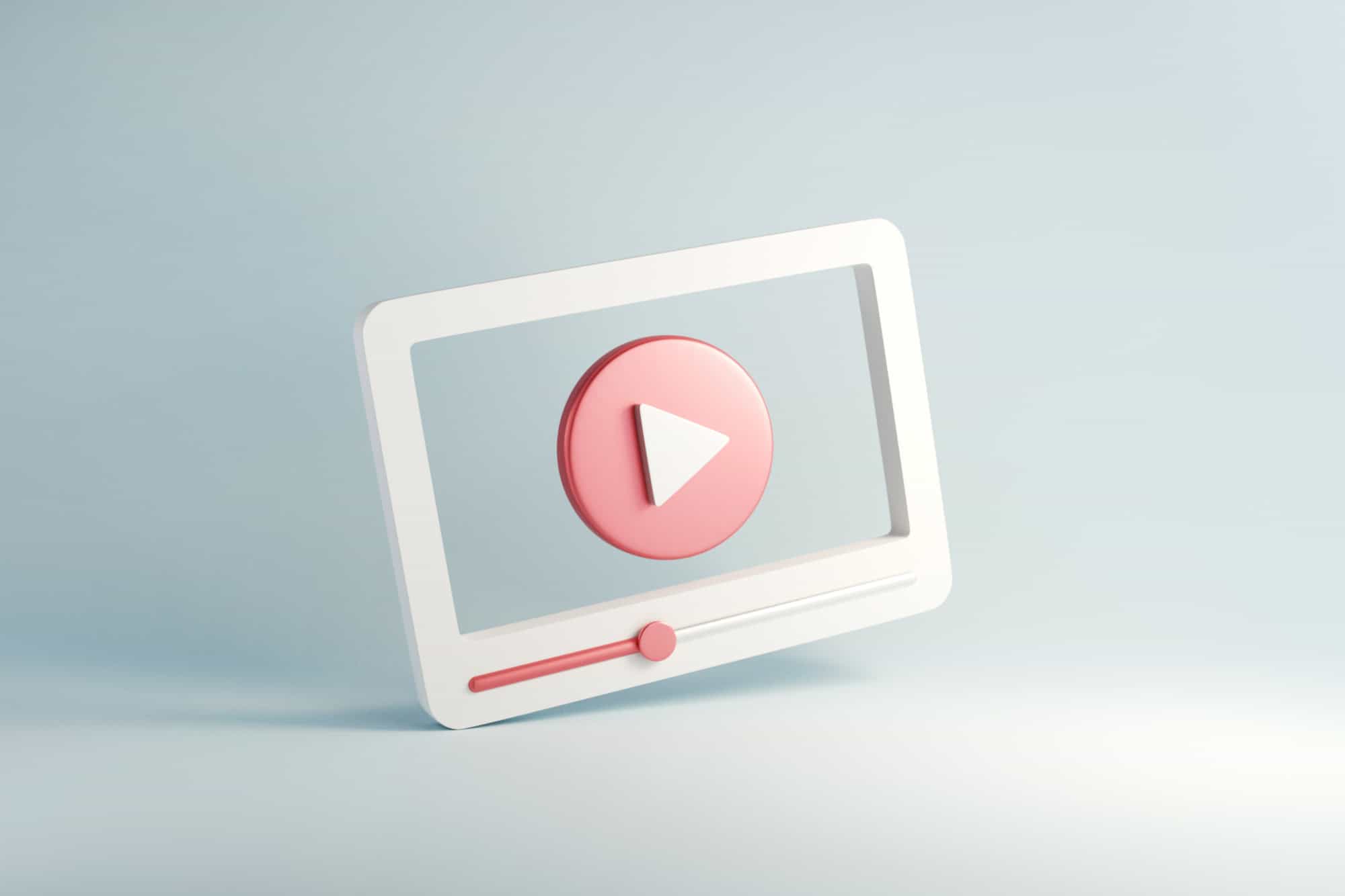 3D illustration of a video player icon with a play button on a light gray background.